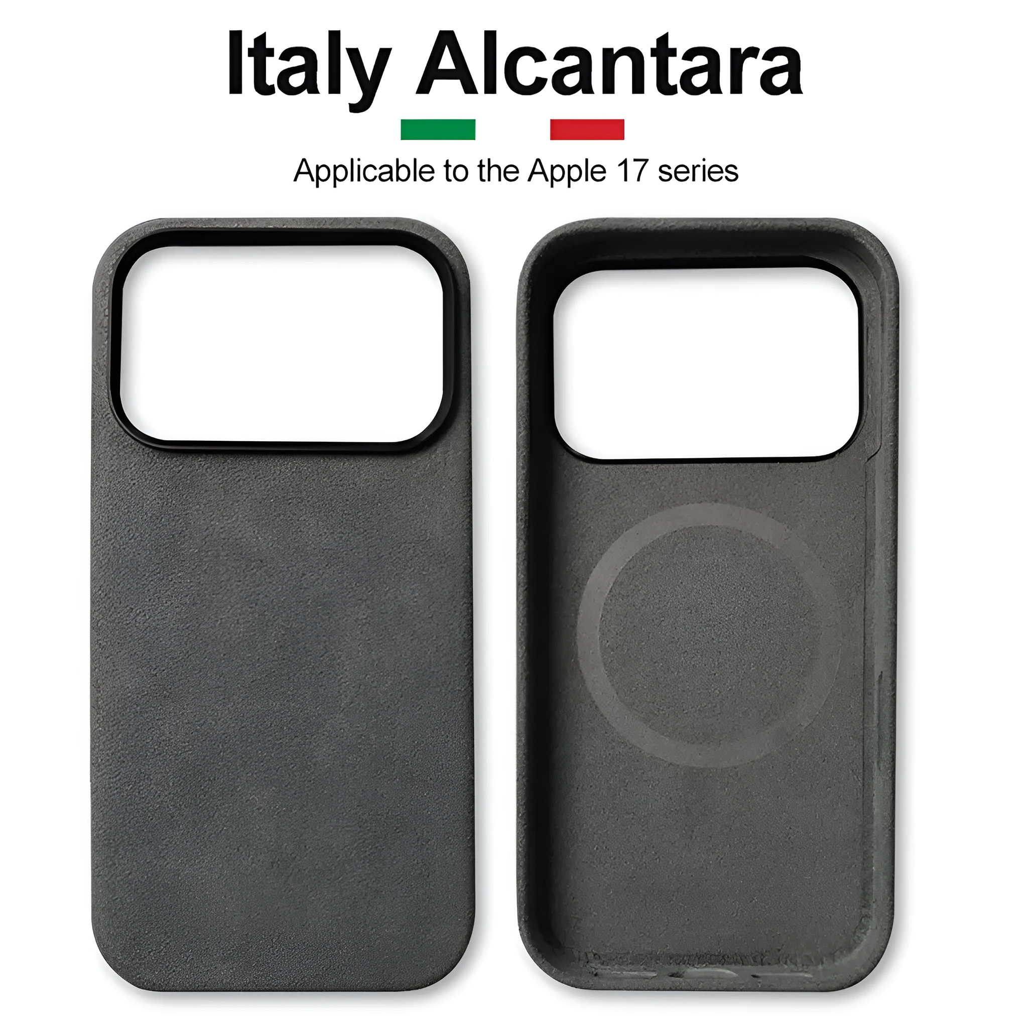 Handmade Alcantara phone case for iPhone 17 Pro Max, dark gray, with magnetic suction and anti-fingerprint finish