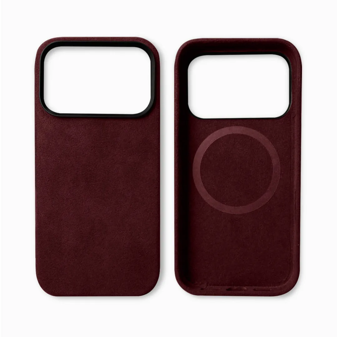 Handmade Alcantara phone case for iPhone 17 Pro Max, dark gray, with magnetic suction and anti-fingerprint finish