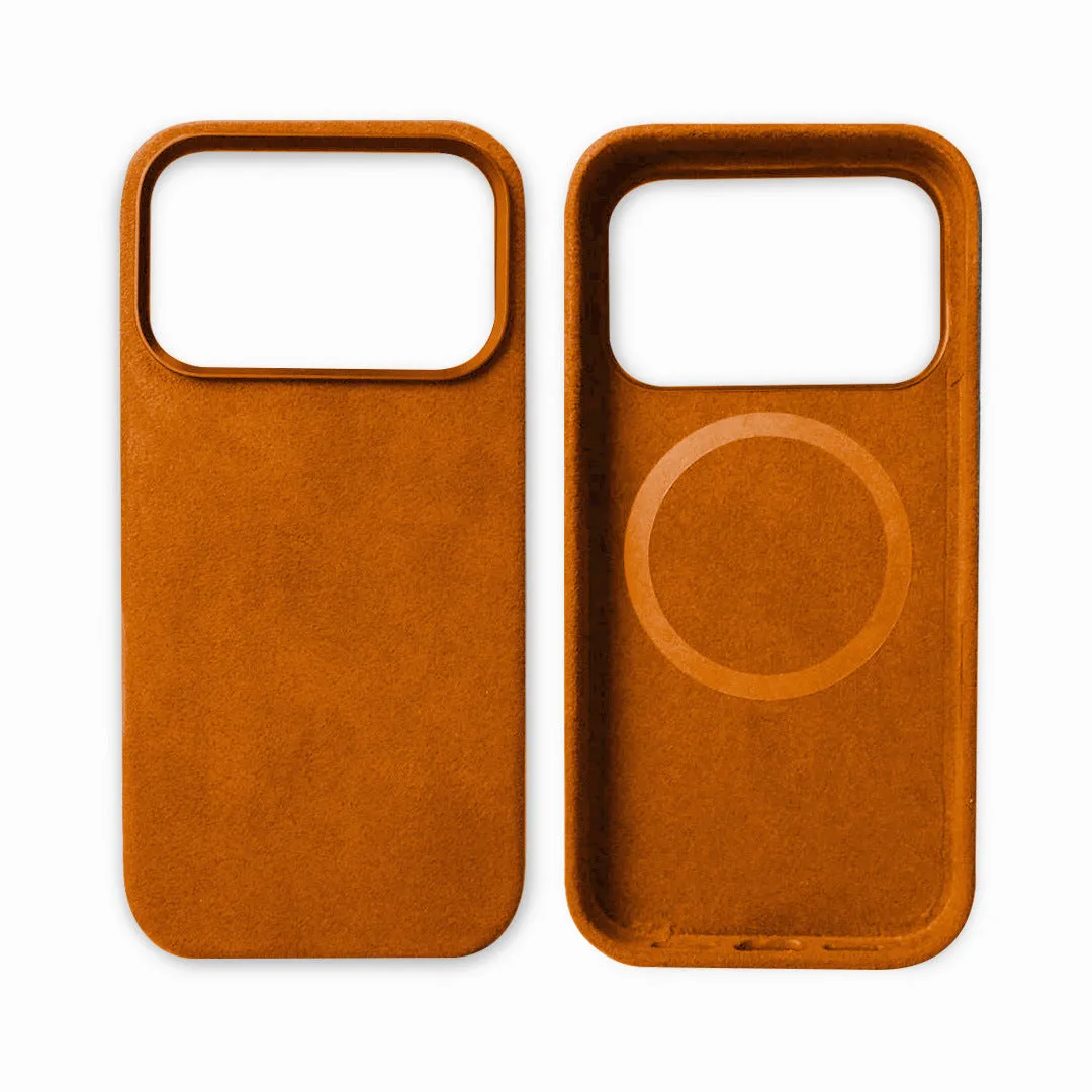 Handmade Alcantara phone case for iPhone 17 Pro Max, dark gray, with magnetic suction and anti-fingerprint finish