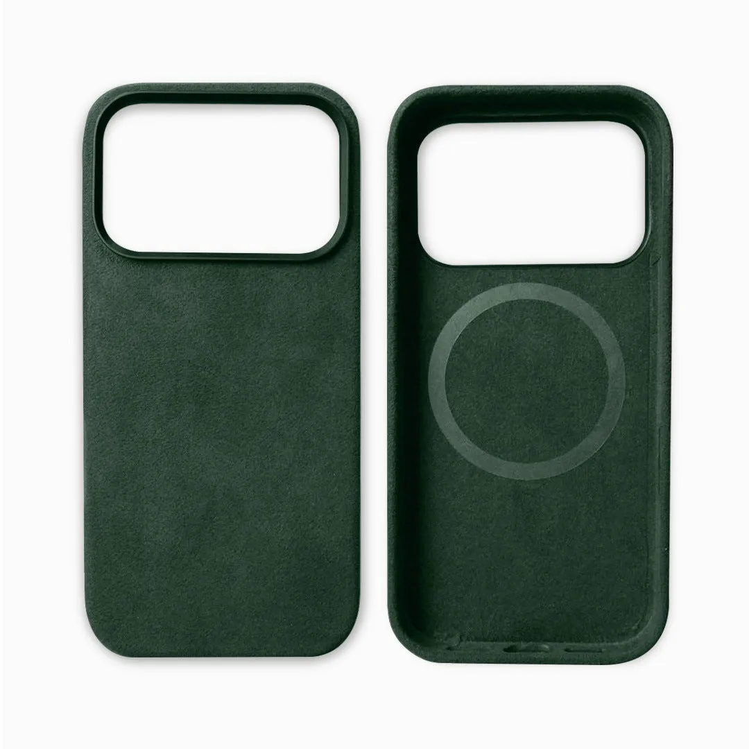 Handmade Alcantara phone case for iPhone 17 Pro Max, dark gray, with magnetic suction and anti-fingerprint finish