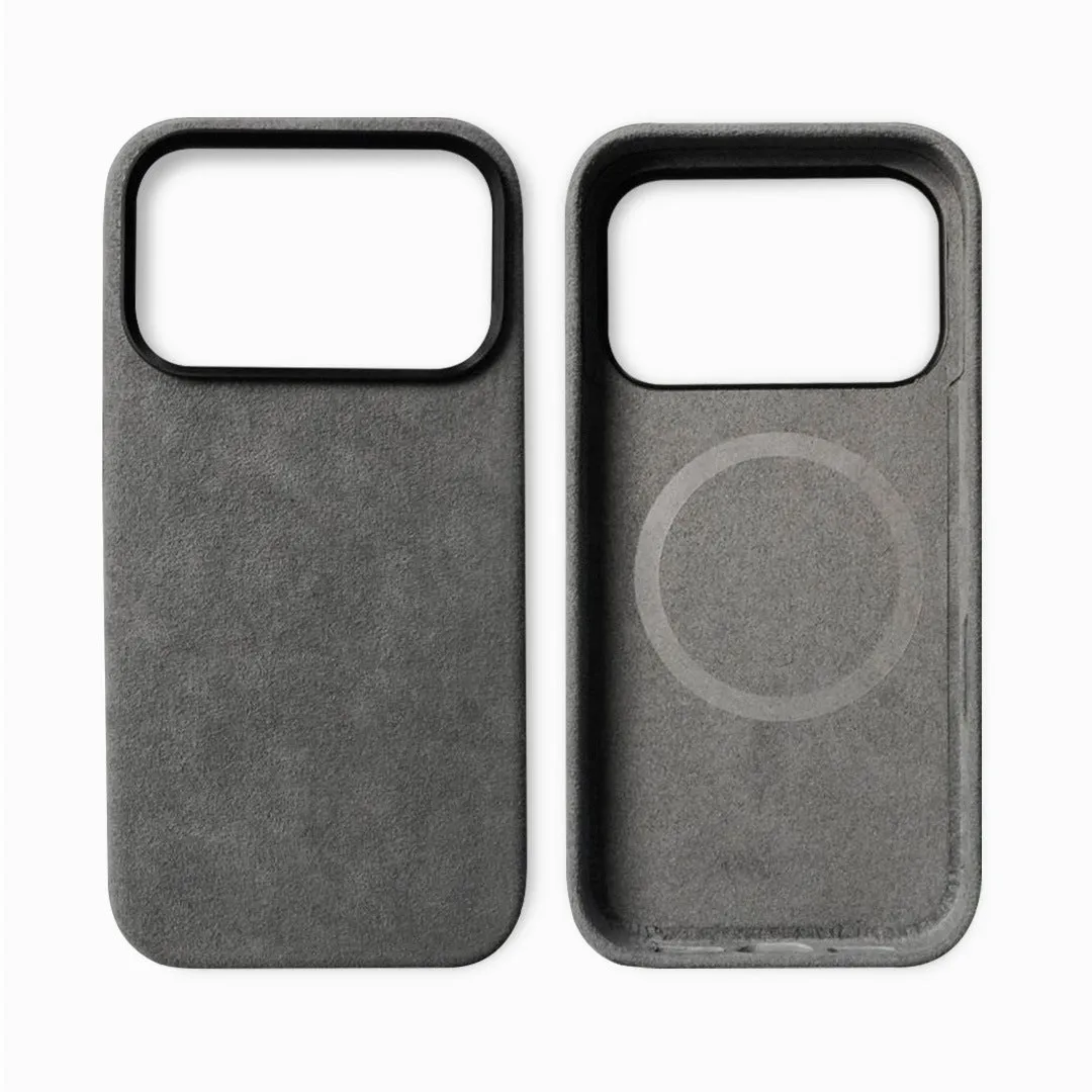 Handmade Alcantara phone case for iPhone 17 Pro Max, dark gray, with magnetic suction and anti-fingerprint finish