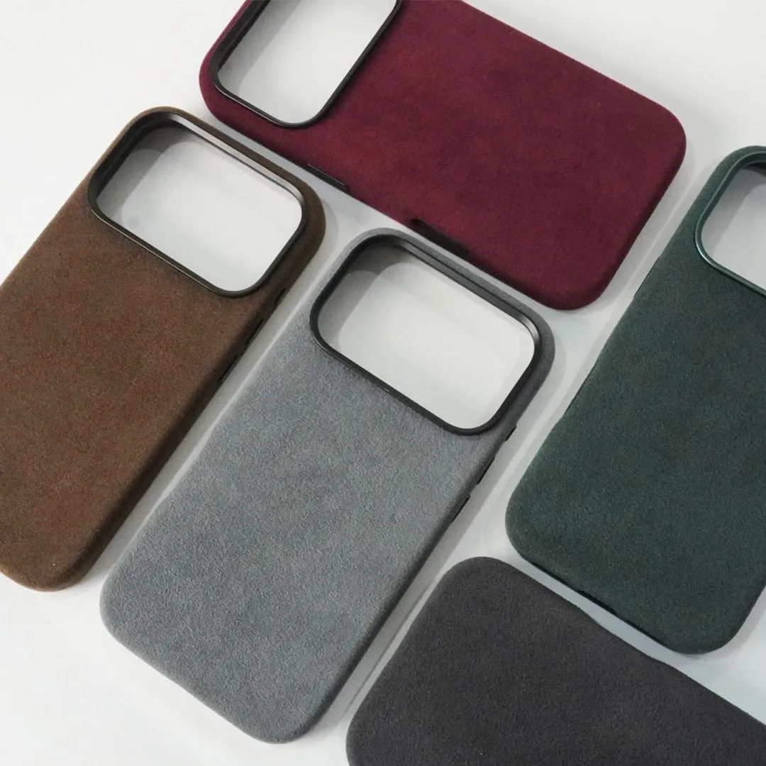 Handmade Alcantara phone case for iPhone 17 Pro Max, dark gray, with magnetic suction and anti-fingerprint finish