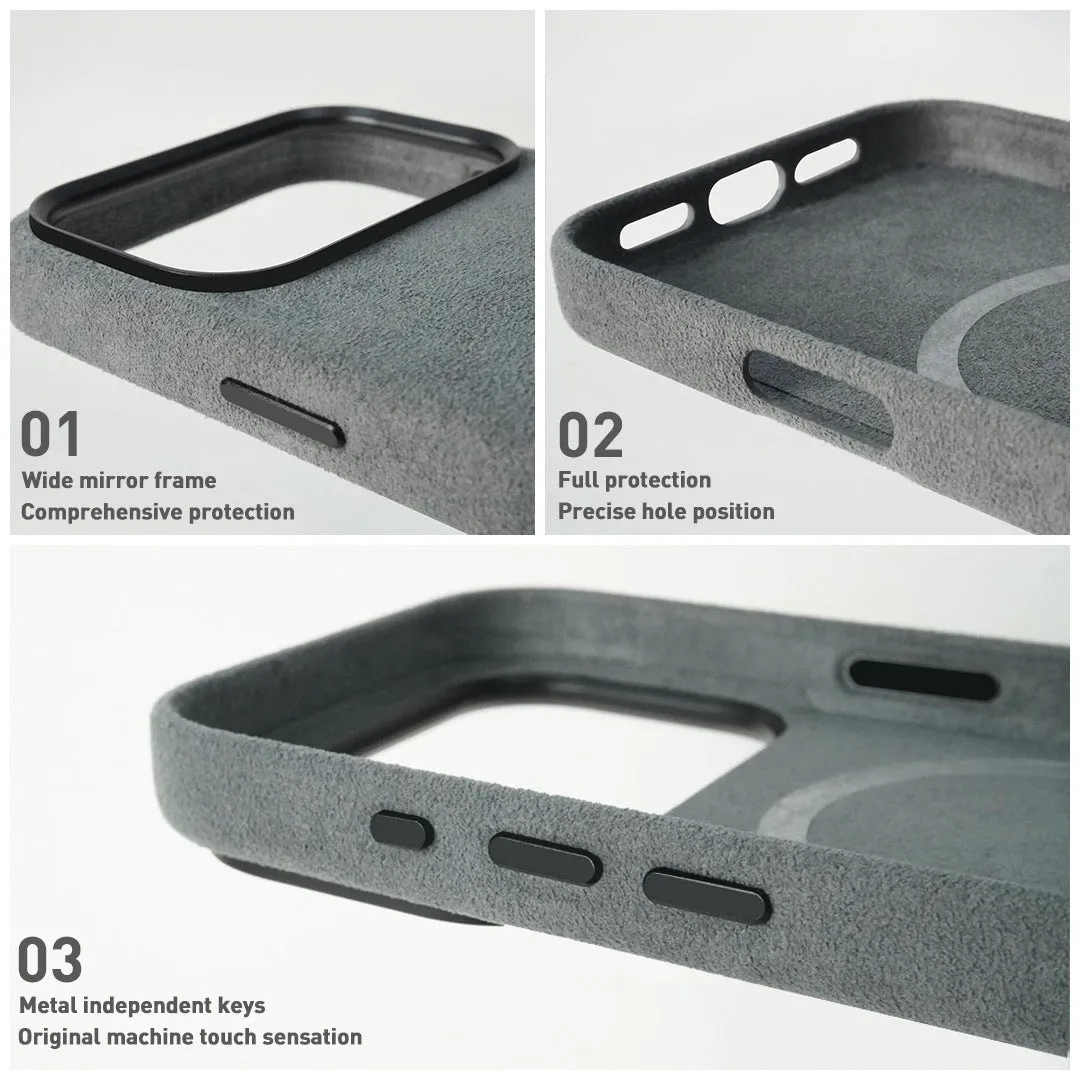 Handmade Alcantara phone case for iPhone 17 Pro Max, dark gray, with magnetic suction and anti-fingerprint finish
