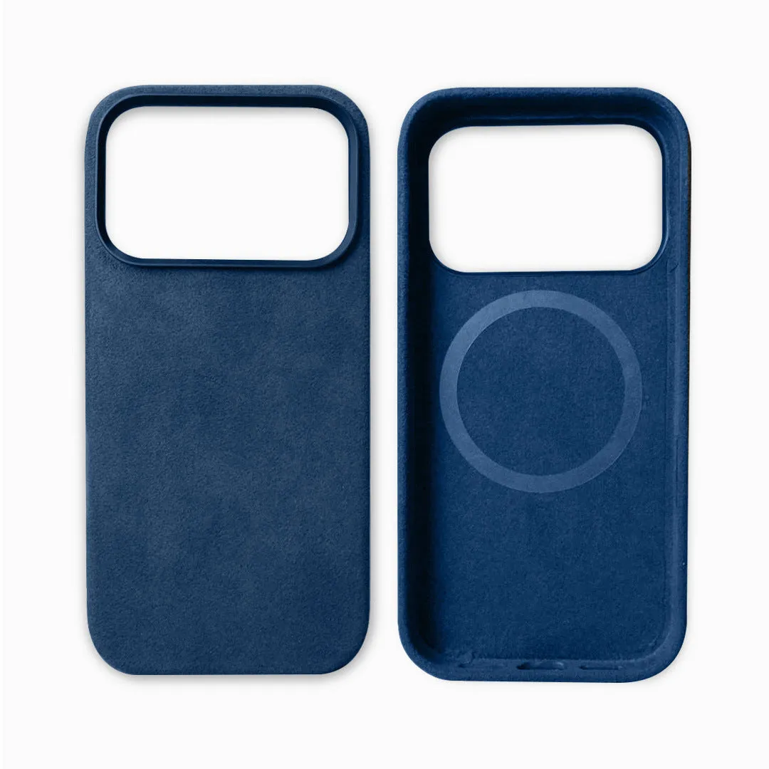Handmade Alcantara phone case for iPhone 17 Pro Max, dark gray, with magnetic suction and anti-fingerprint finish