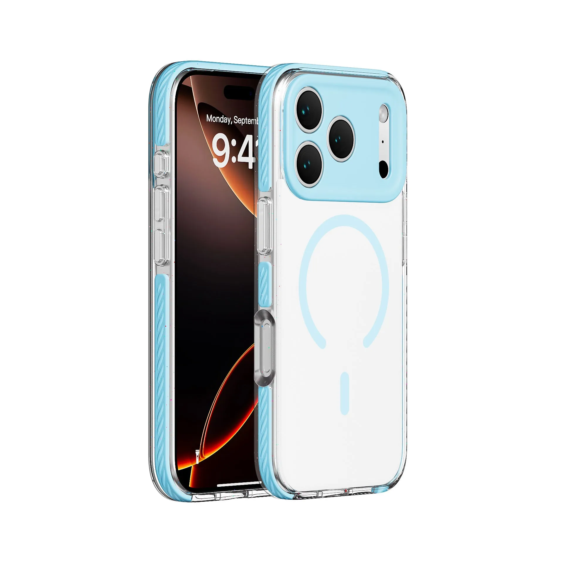 Clear magnetic protective iPhone case shown in Sweet Blue colour on an iPhone.