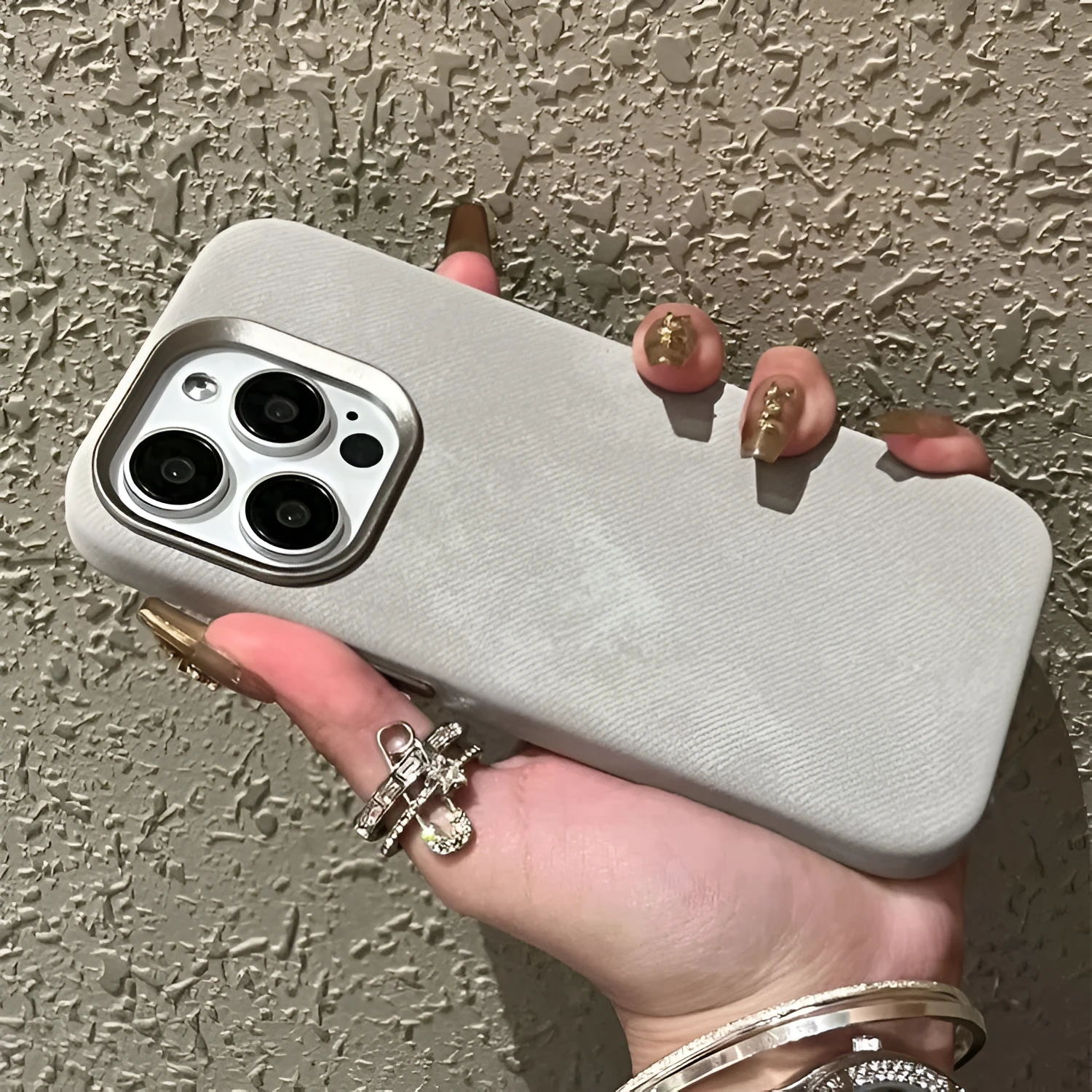 Magnetic velvet iPhone case in silver grey colour with shockproof hard case design