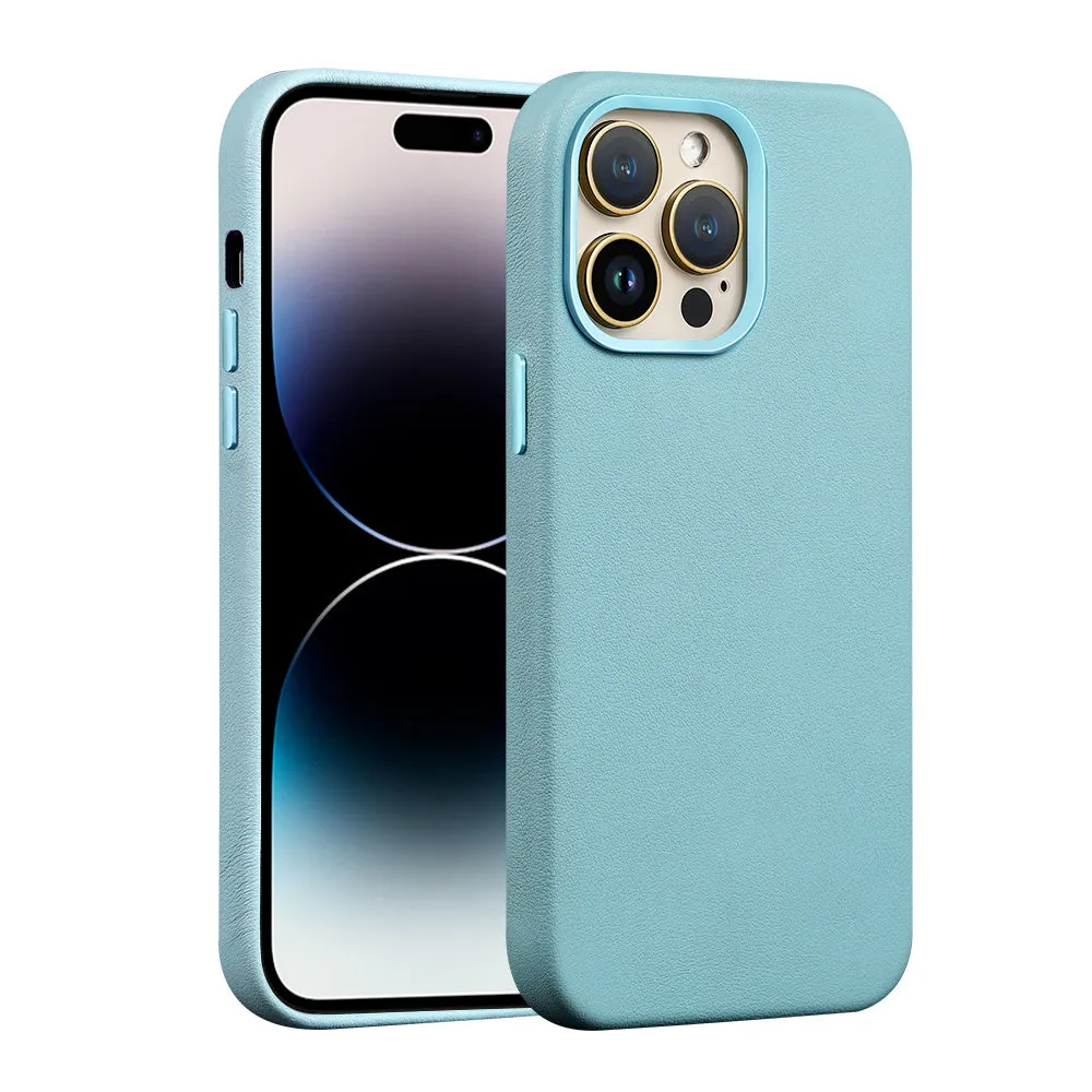 Berry Purple genuine leather magnetic phone case for iPhone showing magnetic adsorption feature.