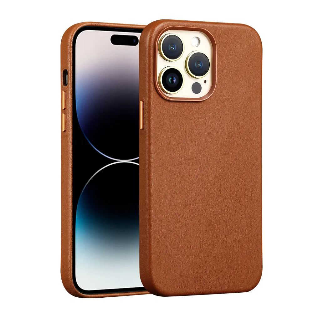 Berry Purple genuine leather magnetic phone case for iPhone showing magnetic adsorption feature.