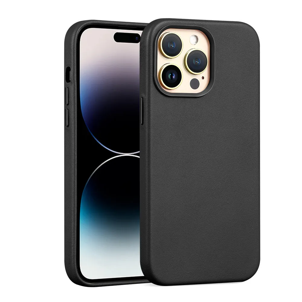 Berry Purple genuine leather magnetic phone case for iPhone showing magnetic adsorption feature.