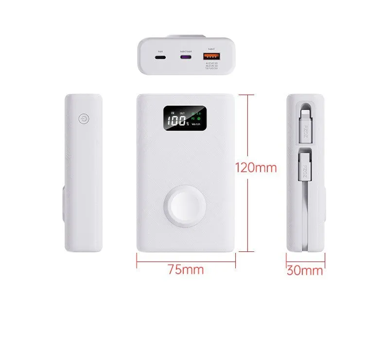Black and white wireless power bank showing display screen and attached charging cable