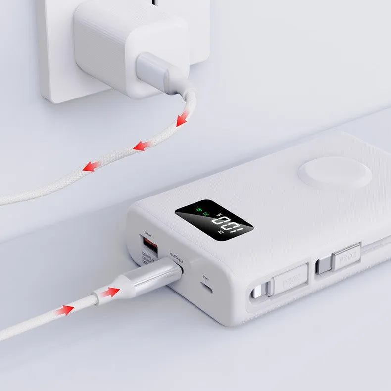 Black and white wireless power bank showing display screen and attached charging cable