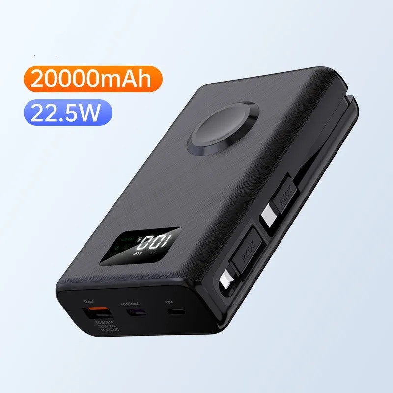 Black and white wireless power bank showing display screen and attached charging cable