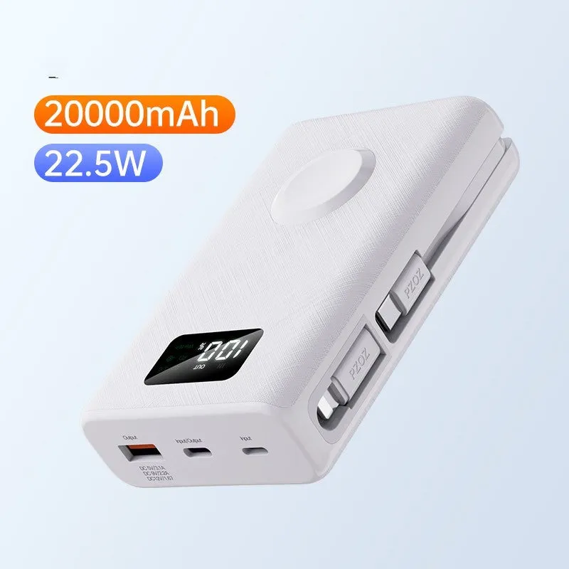 Black and white wireless power bank showing display screen and attached charging cable