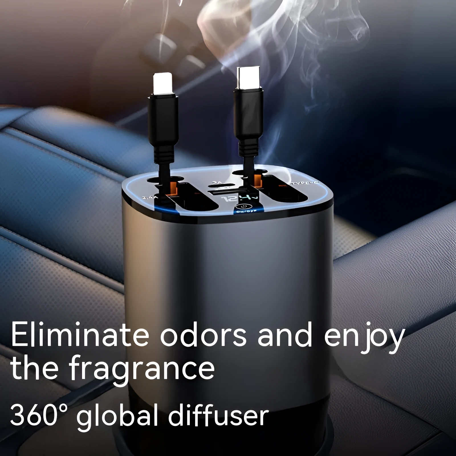 Gun grey matte black cup car charger with retractable cable in vehicle cup holder