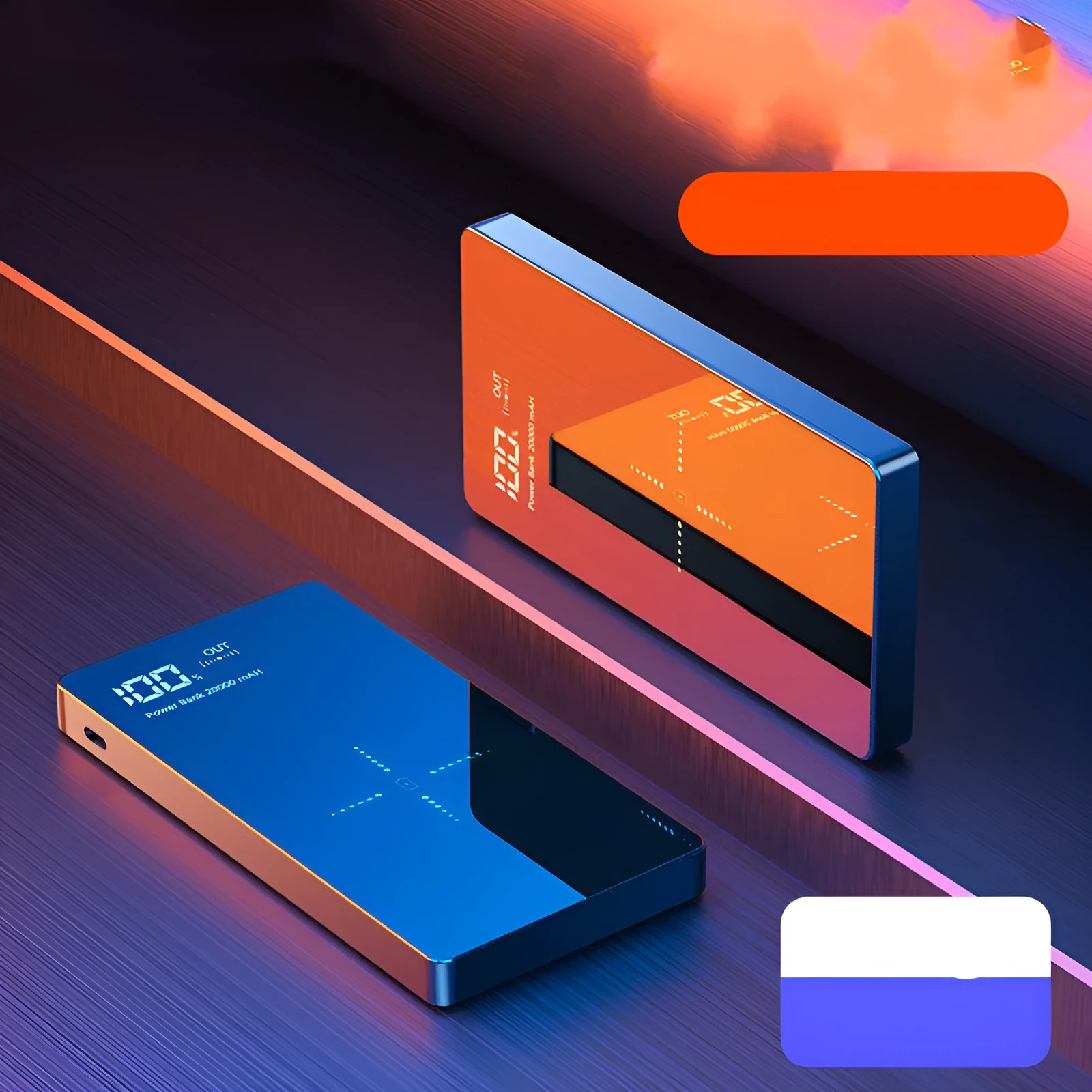 Black wireless charging power bank with digital display showing battery percentage, measuring 73mm x 153mm x 22mm.