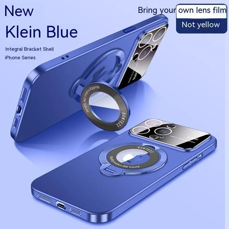 Frosted magnetic phone case with large window for iPhone showing integrated bracket and multiple colour options
