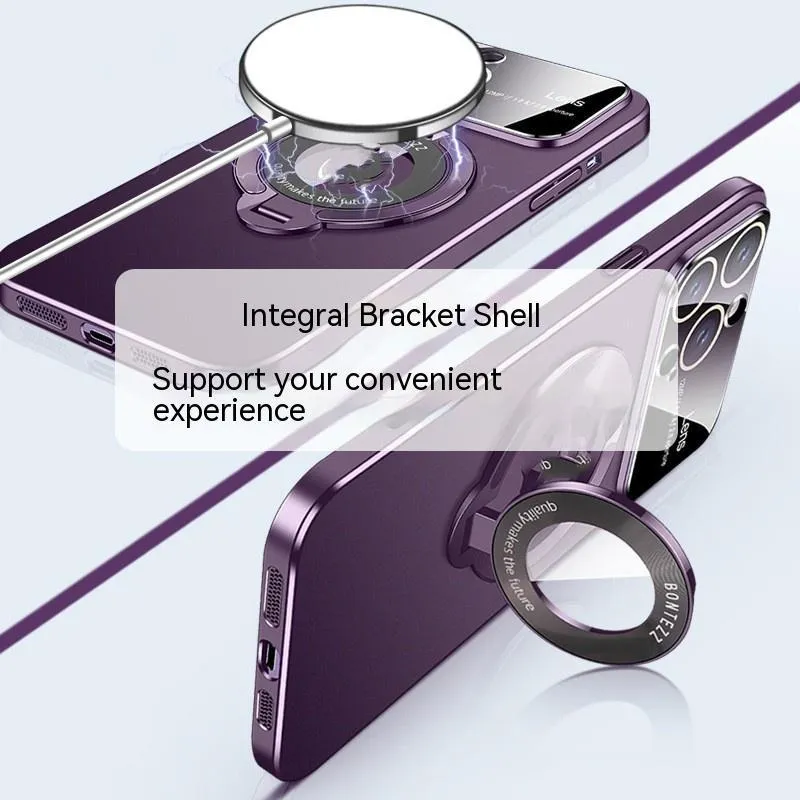 Frosted magnetic phone case with large window for iPhone showing integrated bracket and multiple colour options