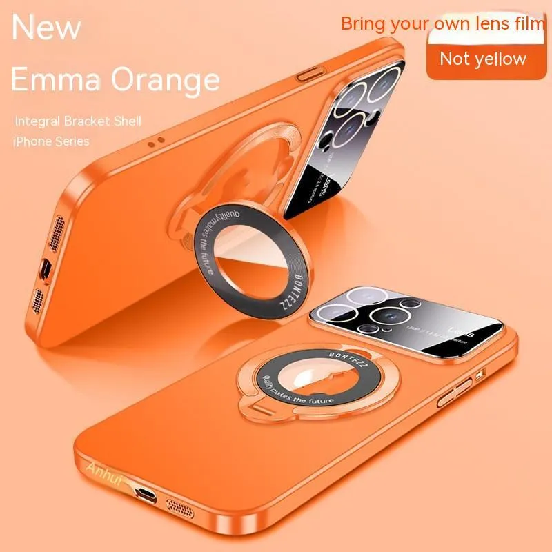 Frosted magnetic phone case with large window for iPhone showing integrated bracket and multiple colour options