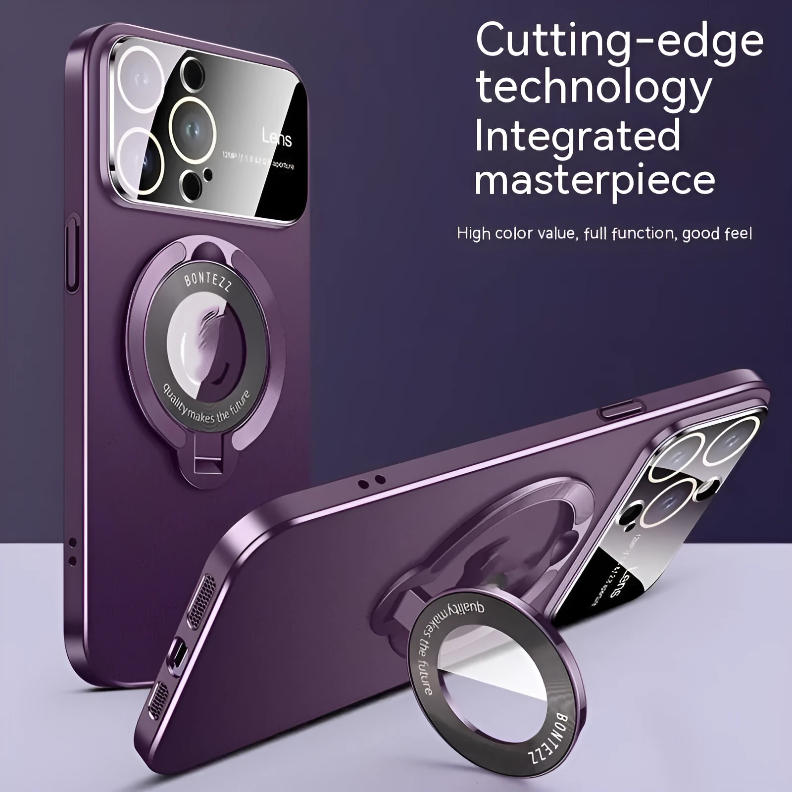 Frosted magnetic phone case with large window for iPhone showing integrated bracket and multiple colour options