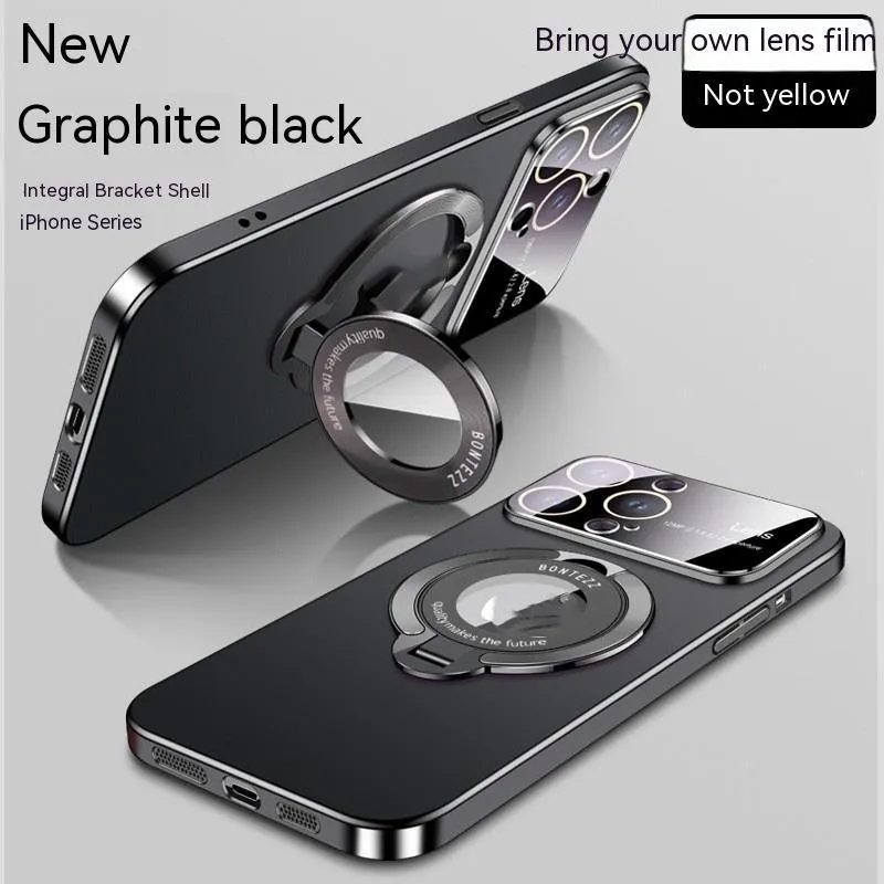 Frosted magnetic phone case with large window for iPhone showing integrated bracket and multiple colour options
