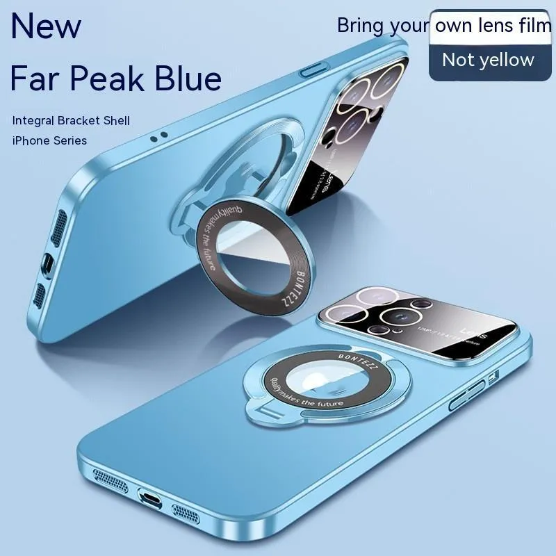 Frosted magnetic phone case with large window for iPhone showing integrated bracket and multiple colour options