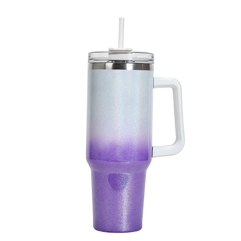Large stainless steel vacuum insulation cup in a gradient colour finish, showing its size and simple design.