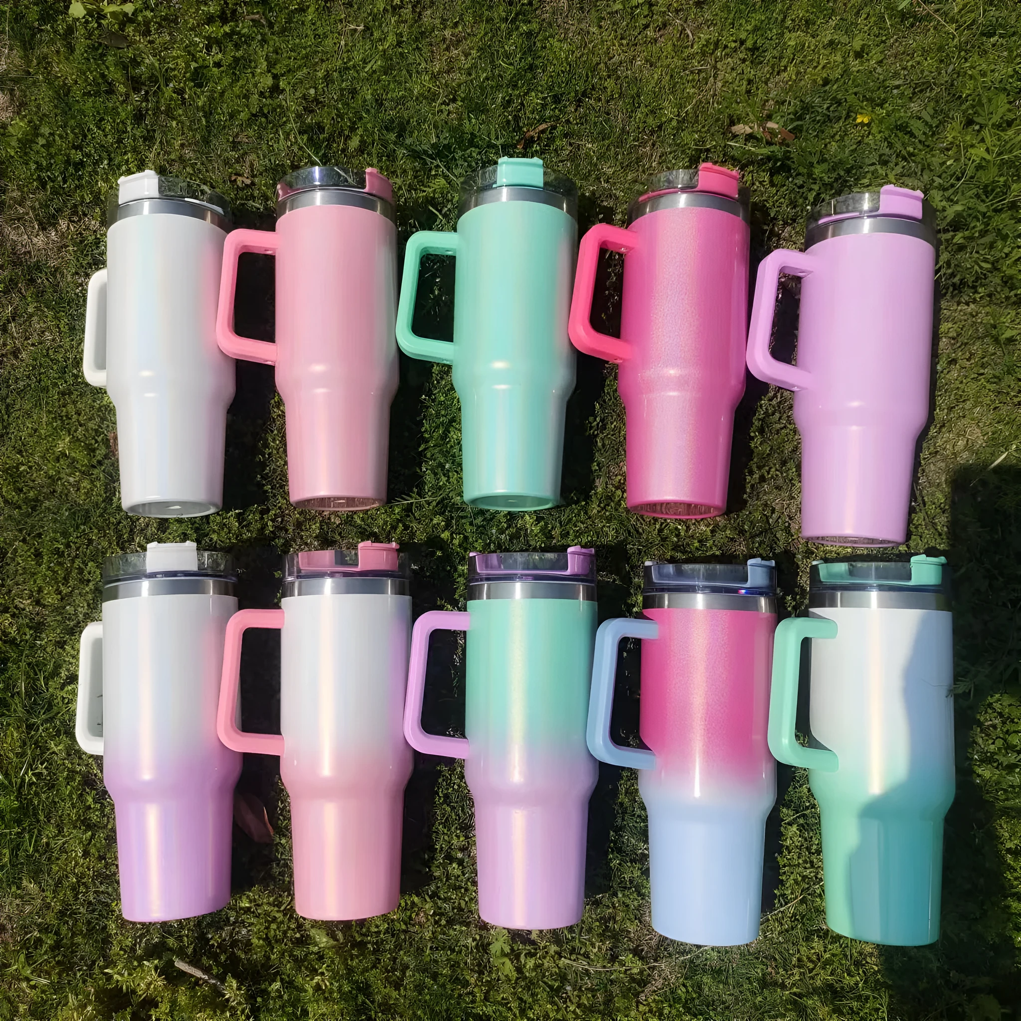 Large stainless steel vacuum insulation cup in a gradient colour finish, showing its size and simple design.