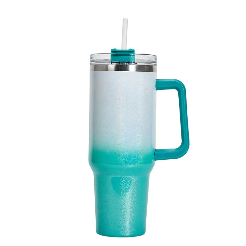 Large stainless steel vacuum insulation cup in a gradient colour finish, showing its size and simple design.