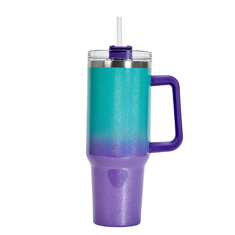 Large stainless steel vacuum insulation cup in a gradient colour finish, showing its size and simple design.
