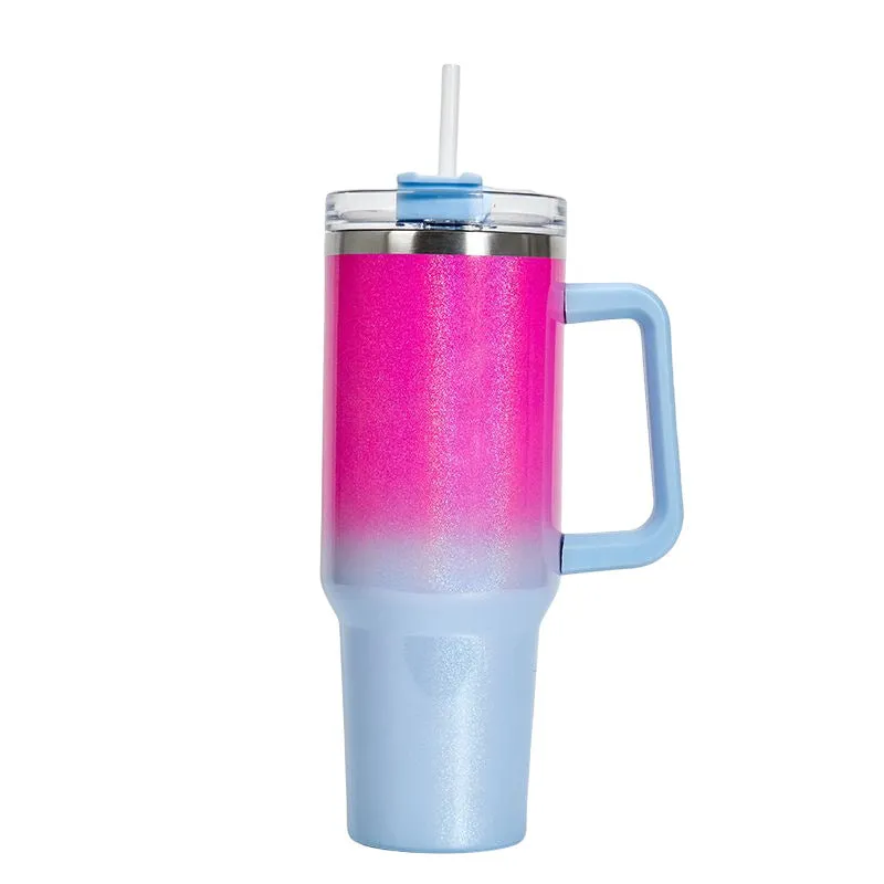 Large stainless steel vacuum insulation cup in a gradient colour finish, showing its size and simple design.