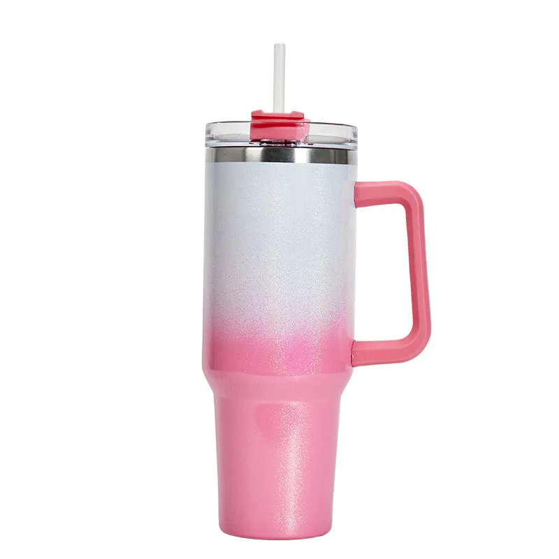 Large stainless steel vacuum insulation cup in a gradient colour finish, showing its size and simple design.