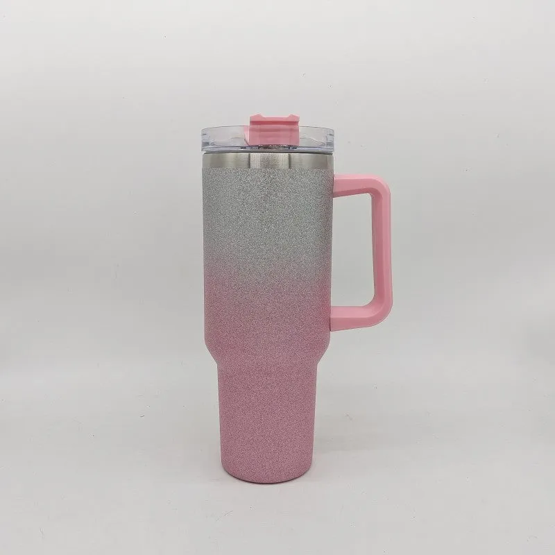 Large stainless steel vacuum insulation cup in a gradient colour finish, showing its size and simple design.