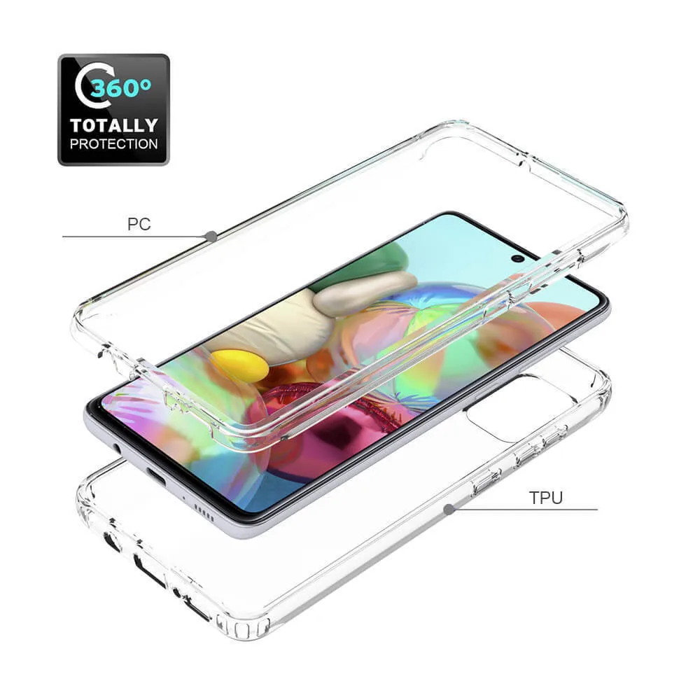 Transparent all-inclusive mobile phone case for Samsung Galaxy phones on a table.
