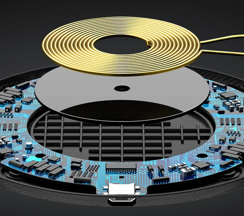 Black or white glass disc wireless charger on a surface, showing status light.