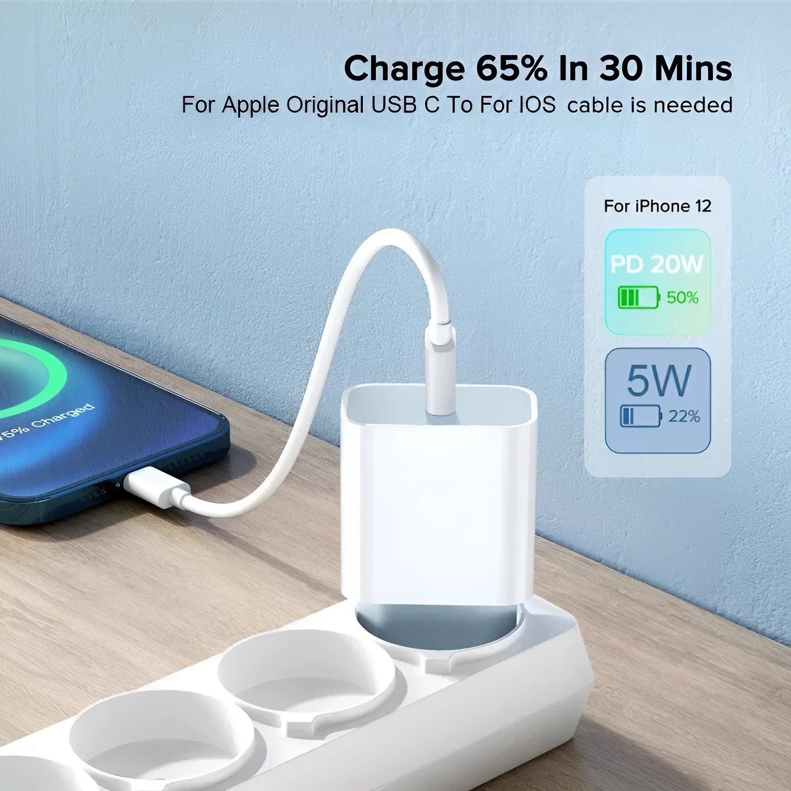 White 20W mobile PD charger with Type-C interface showing international plug compatibility