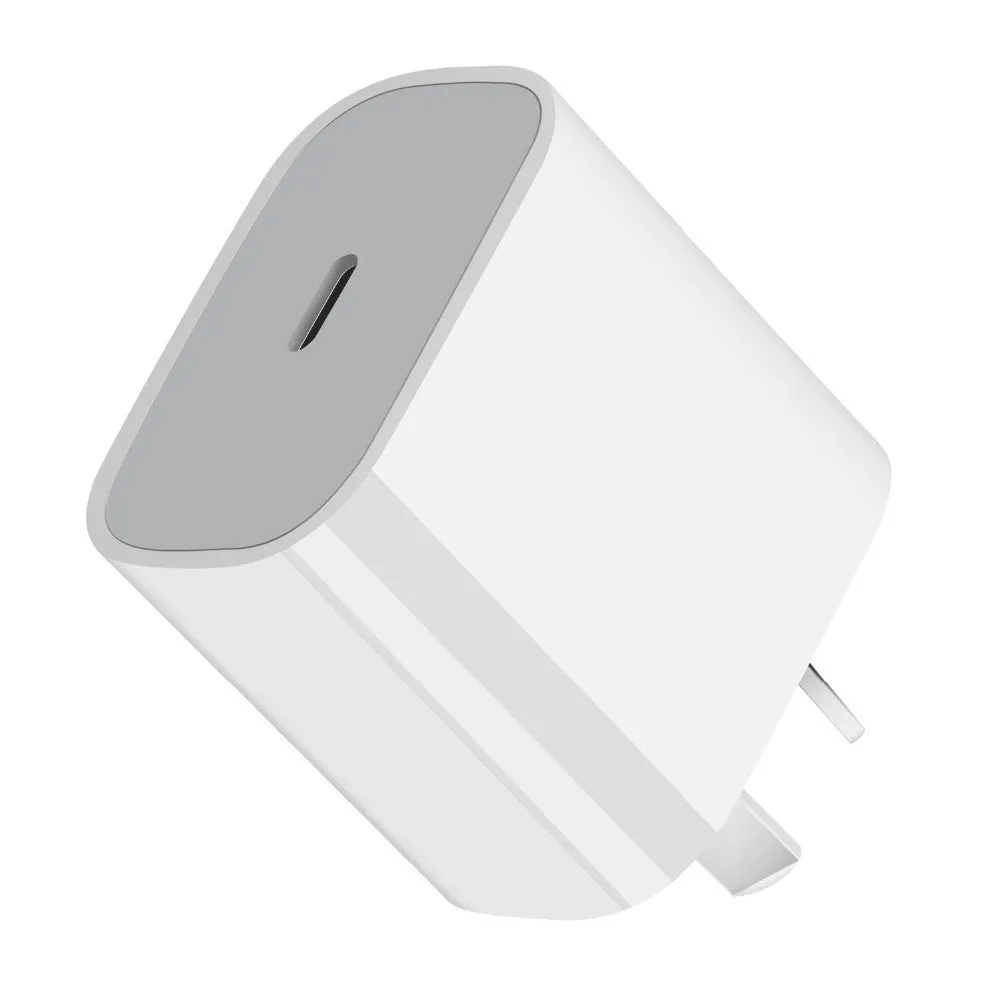 White 20W mobile PD charger with Type-C interface showing international plug compatibility