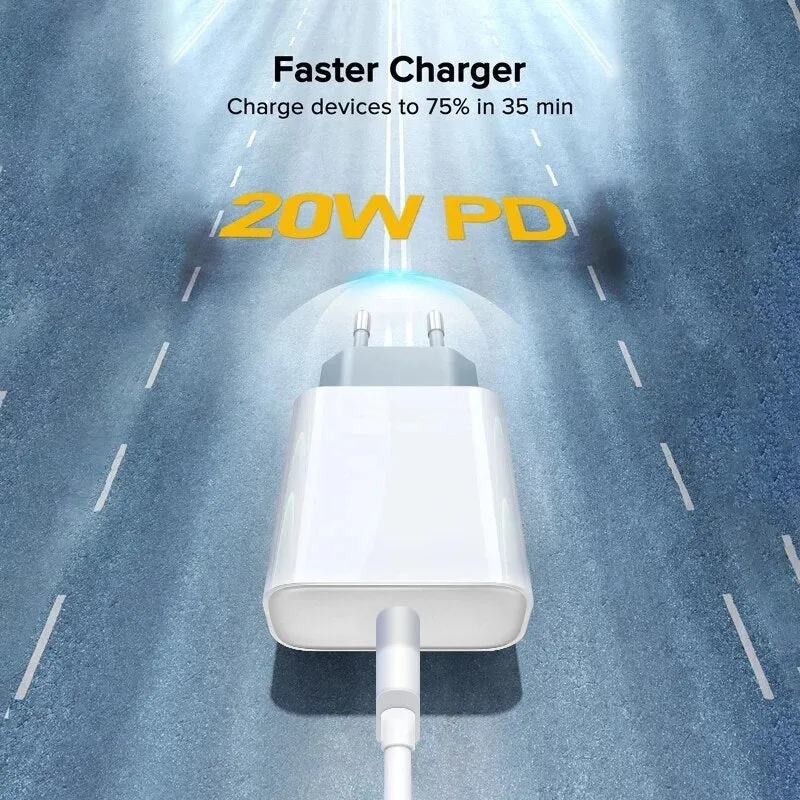 White 20W mobile PD charger with Type-C interface showing international plug compatibility