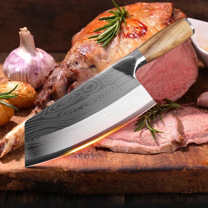 Stainless steel kitchen knife with a 320mm blade on a kitchen counter.