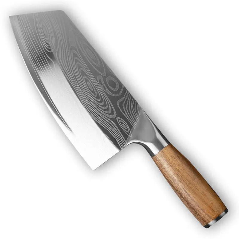 Stainless steel kitchen knife with a 320mm blade on a kitchen counter.