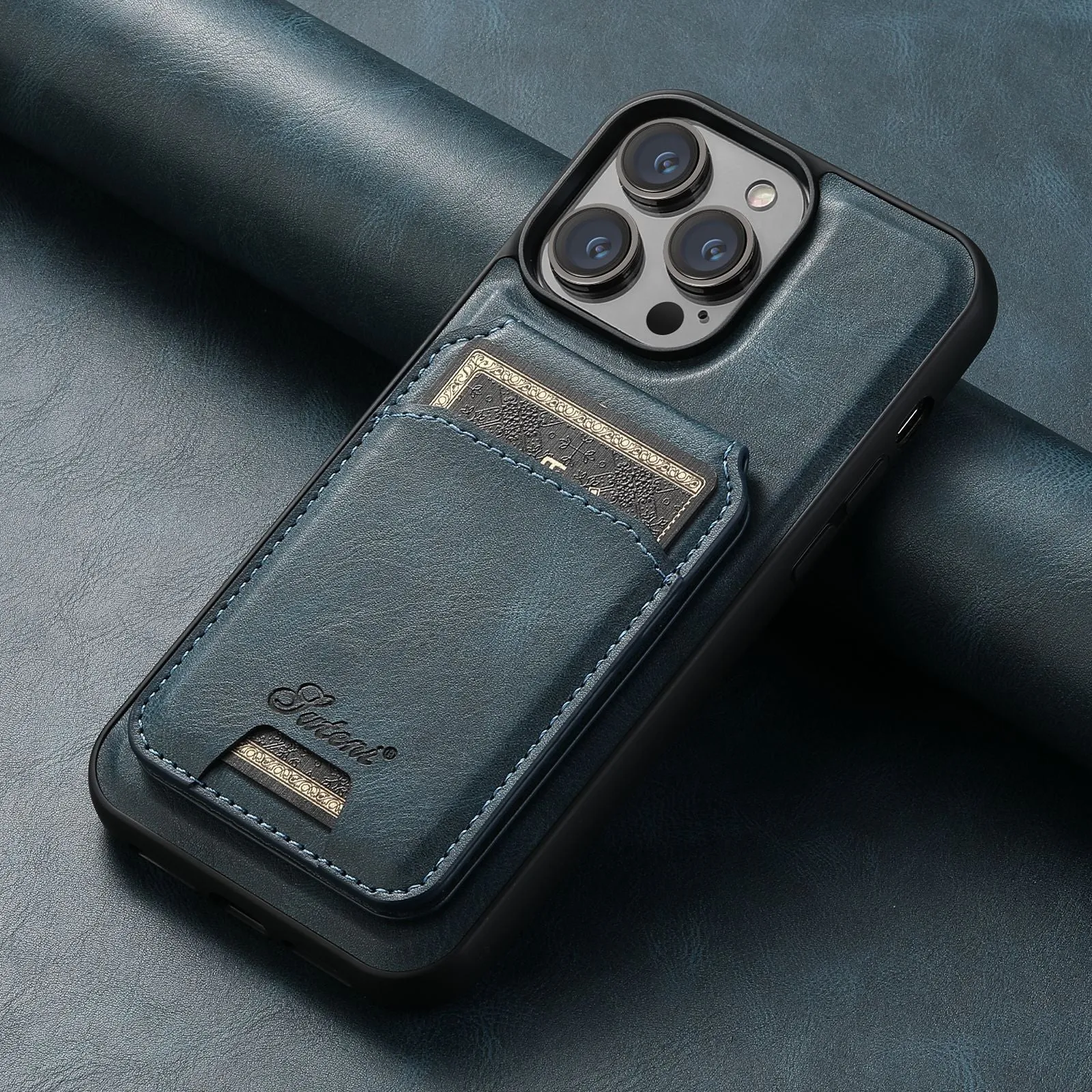 MagSafe-compatible silicone phone case with a magnetic card holder on the back in an oil wax pattern finish.