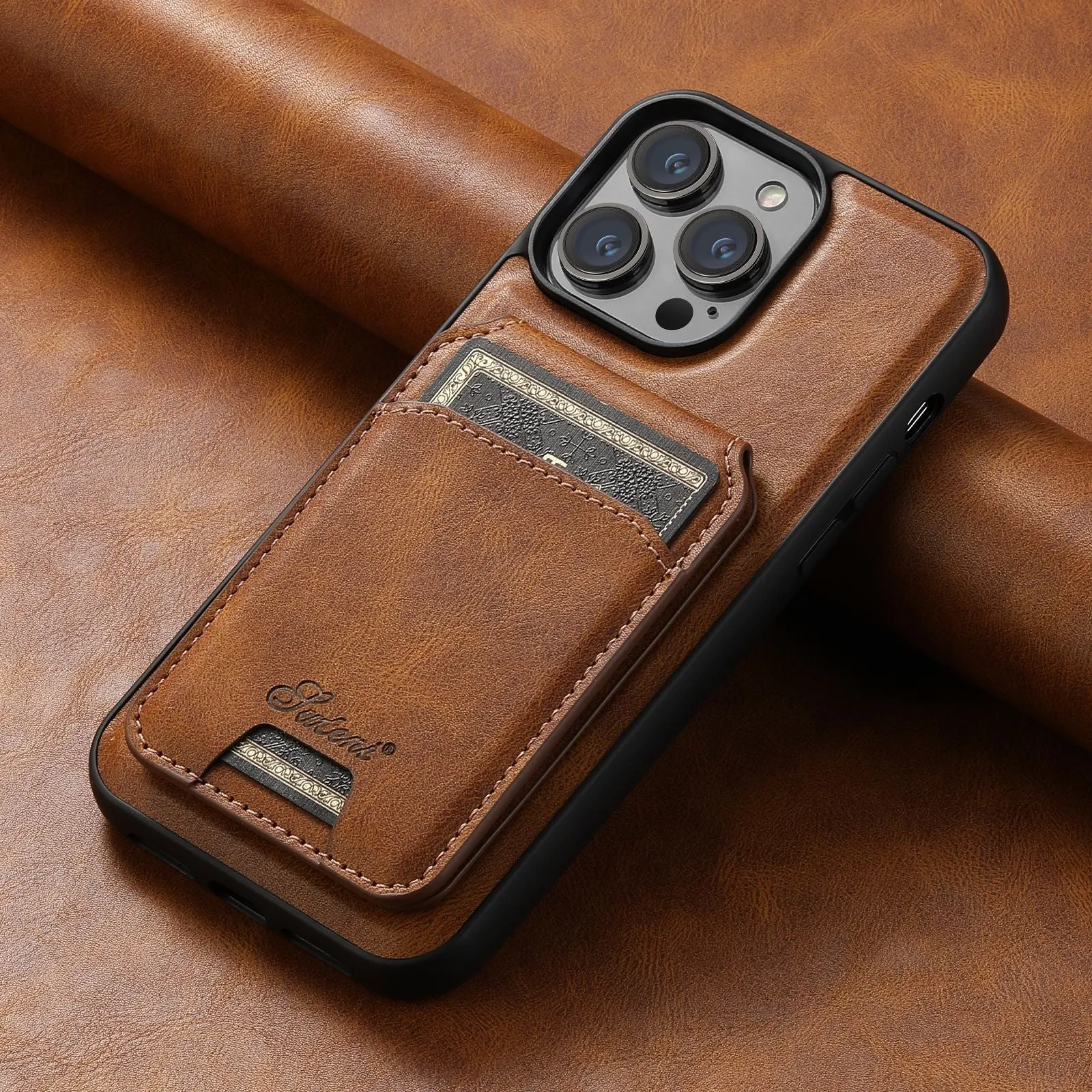 MagSafe-compatible silicone phone case with a magnetic card holder on the back in an oil wax pattern finish.