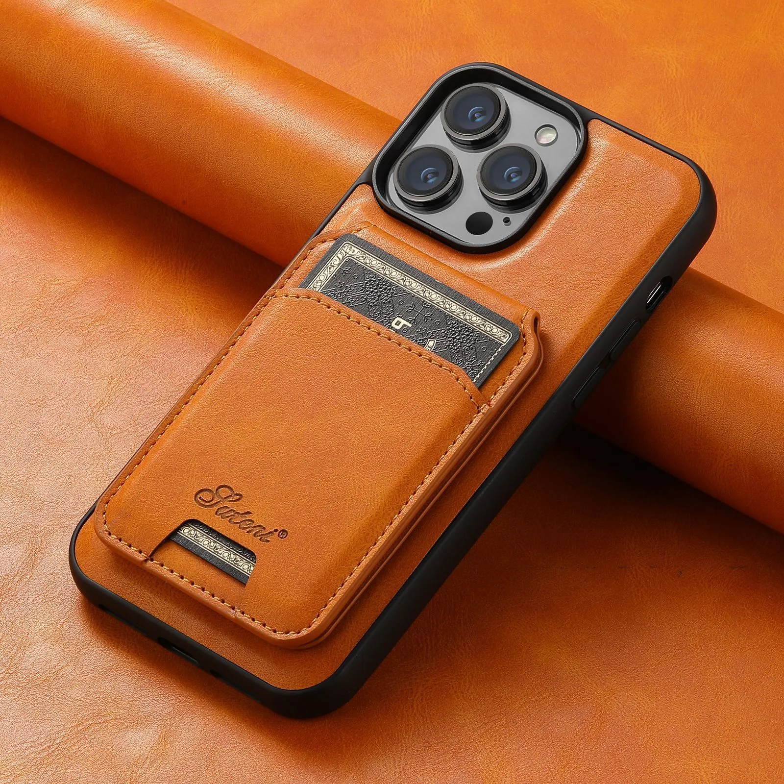 MagSafe-compatible silicone phone case with a magnetic card holder on the back in an oil wax pattern finish.