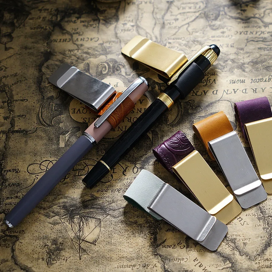 Geometric copper pen holder with metal base in various leather finish colours