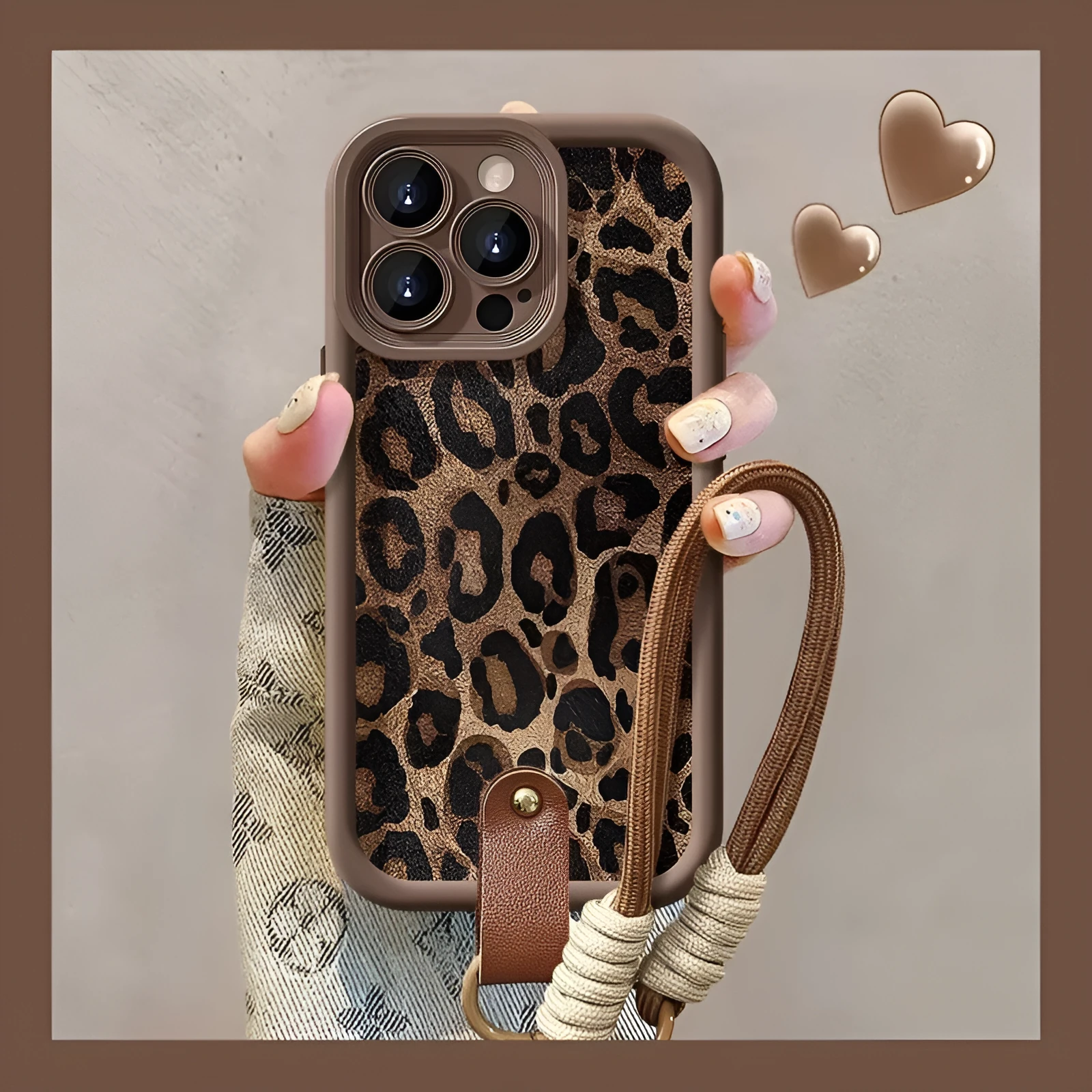 Brown leopard print silicone phone case with a detachable lanyard for an iPhone.