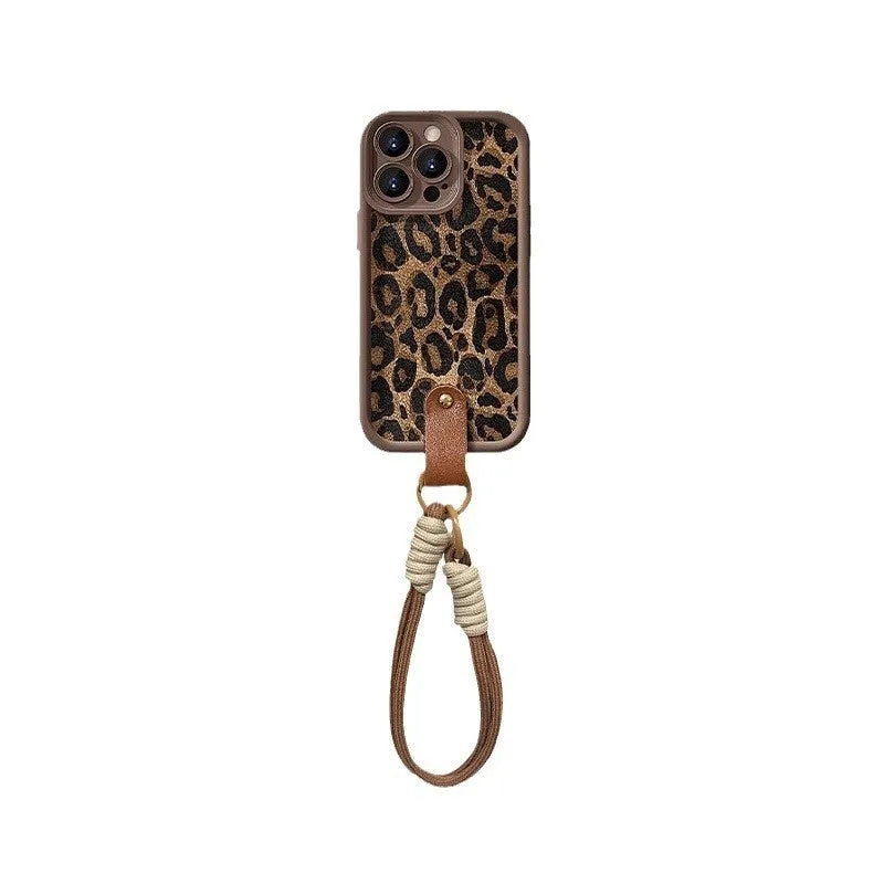 Brown leopard print silicone phone case with a detachable lanyard for an iPhone.