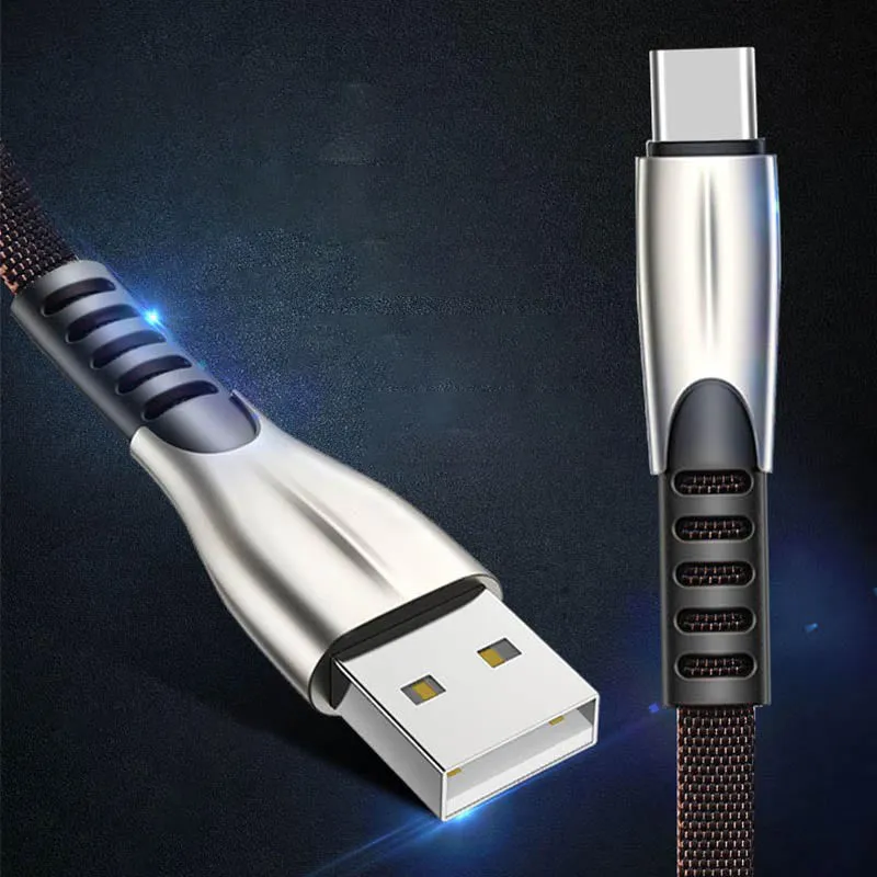 Fast charging cable with flashing indicator, 1m length, Micro USB or Type-C connector, in black blue red colours