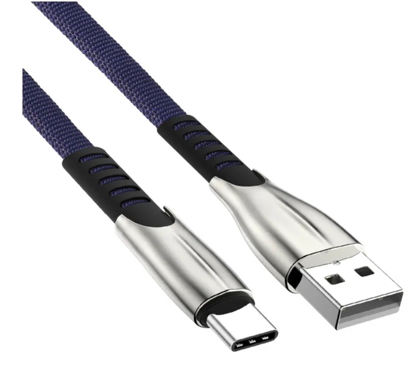 Fast charging cable with flashing indicator, 1m length, Micro USB or Type-C connector, in black blue red colours