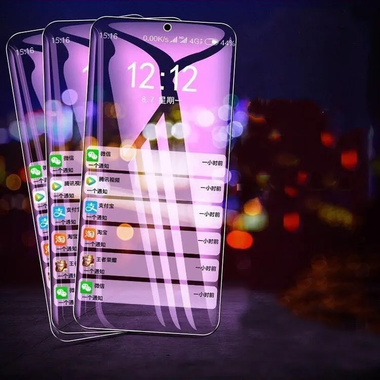 Violet light tempered glass screen protector for Vivo smartphones on a packaging card.