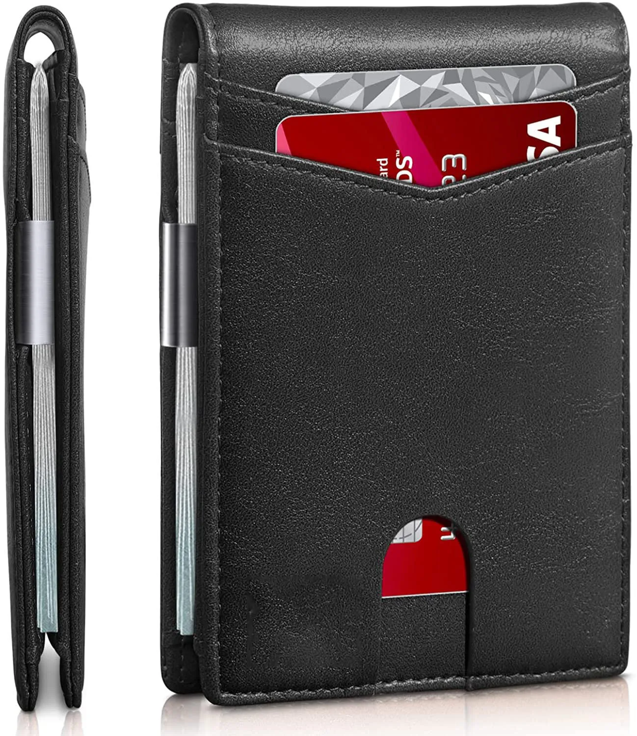 PU leather RFID anti-theft wallet with multiple card slots in carbon fibre black, measuring 11 x 7.9 cm