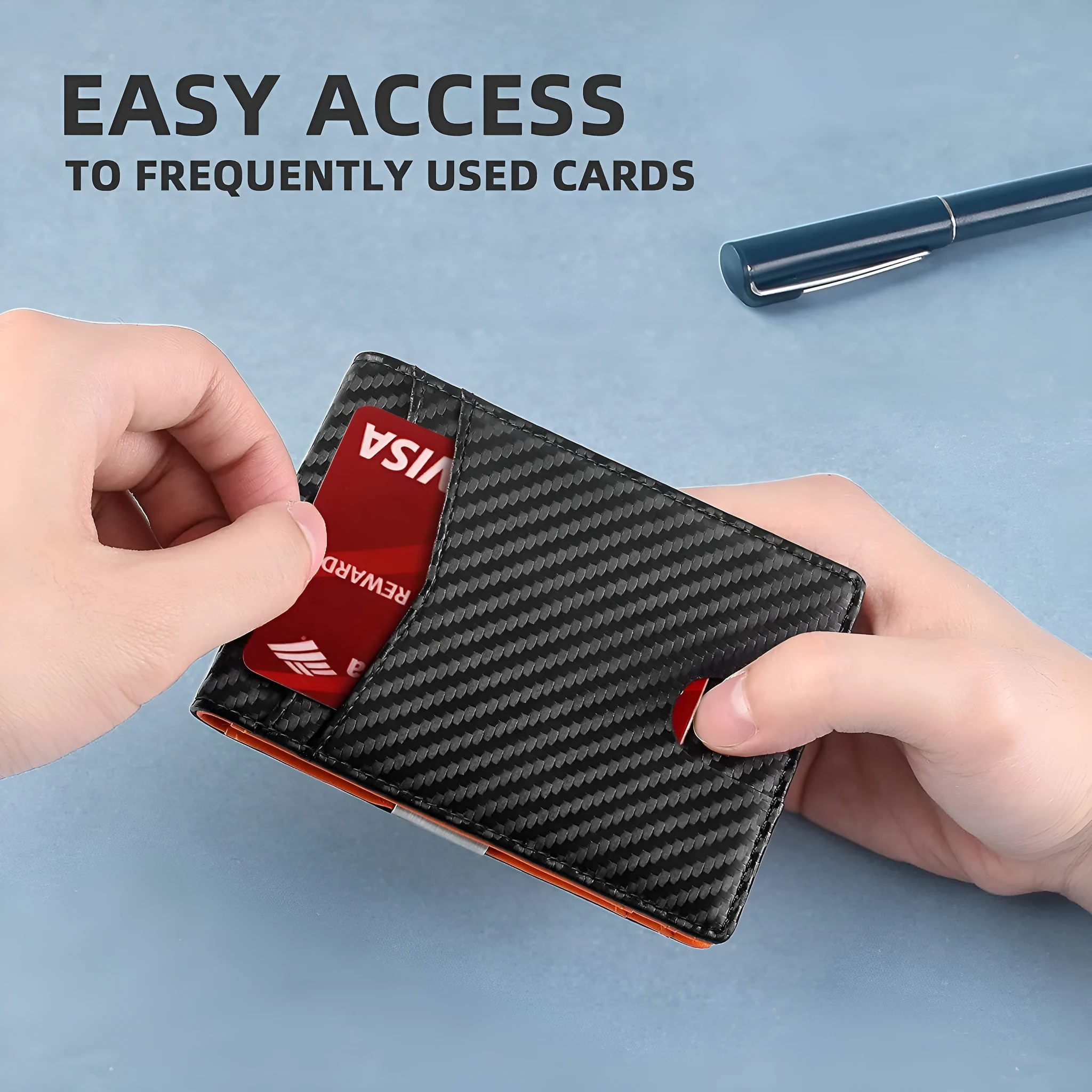 PU leather RFID anti-theft wallet with multiple card slots in carbon fibre black, measuring 11 x 7.9 cm